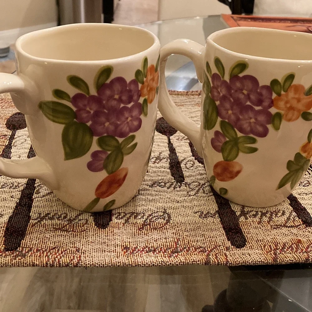 Pier 1 Imports Antoinette Floral Cream Hand Painted Earthenware Mugs (2)